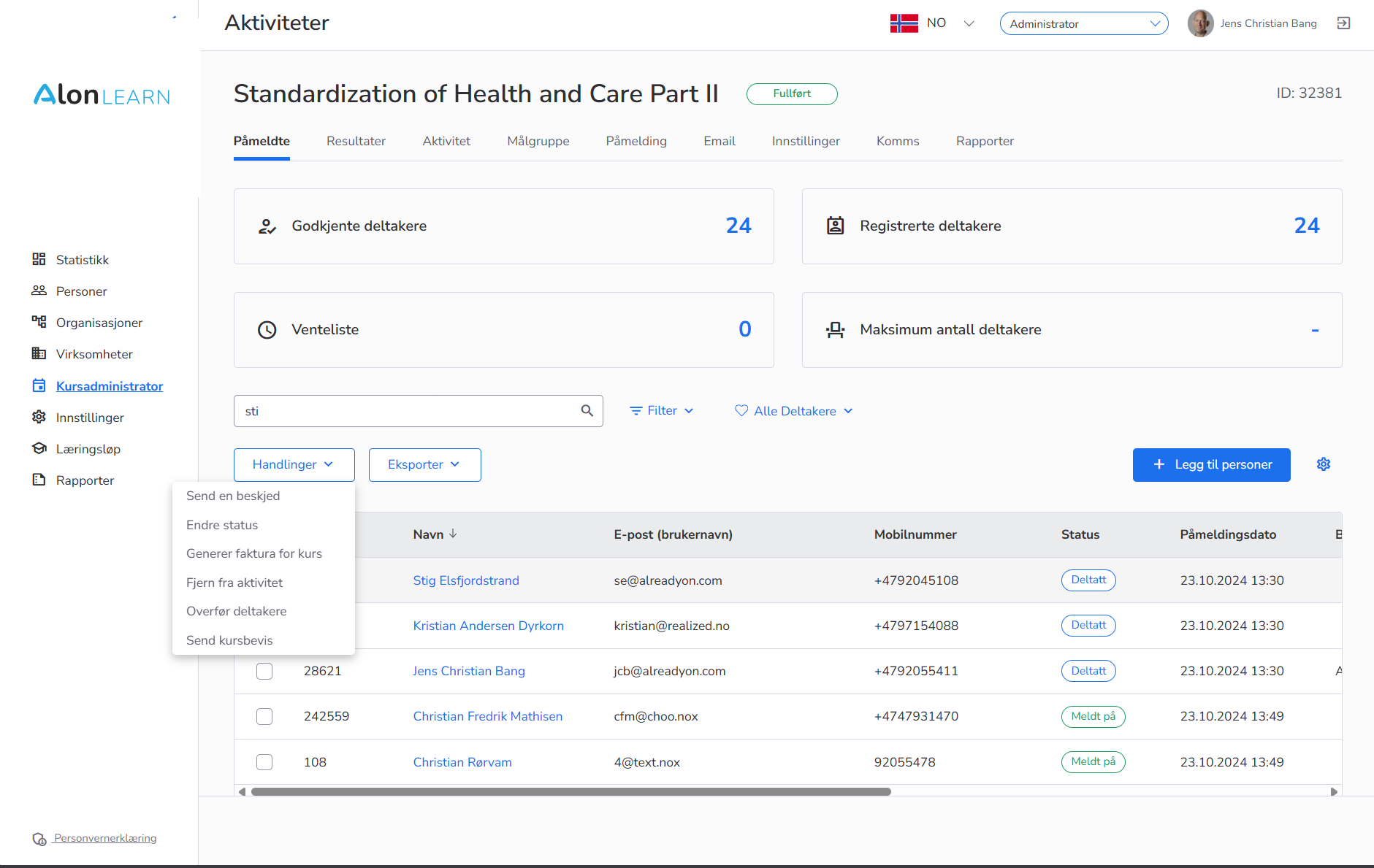 Deltakerliste i AlonLearn med sporing av kursfremdrift fra SCORM Cloud