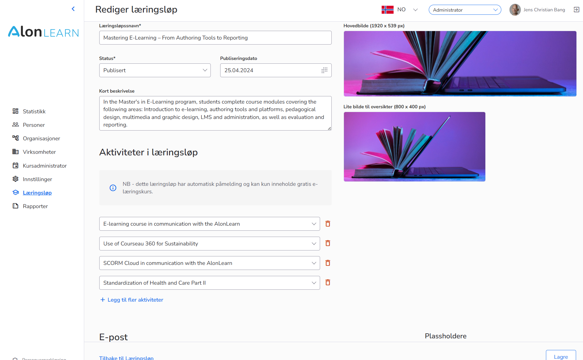 Læringsløp-editor i AlonLearn med cover-bilde, status, sortert aktivitetsliste og e-postmaler