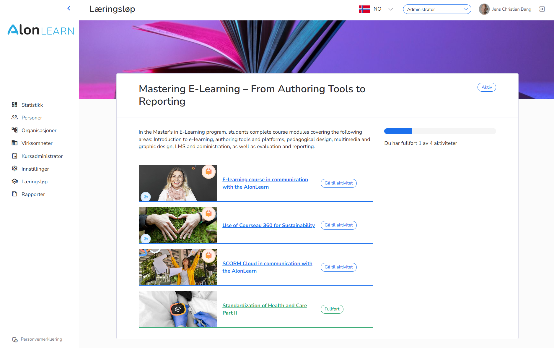 Innsiden av et læringsløp i AlonLearn — e-læring, fysisk samling og webinar i samme strukturert flyt for tillitsvalgte