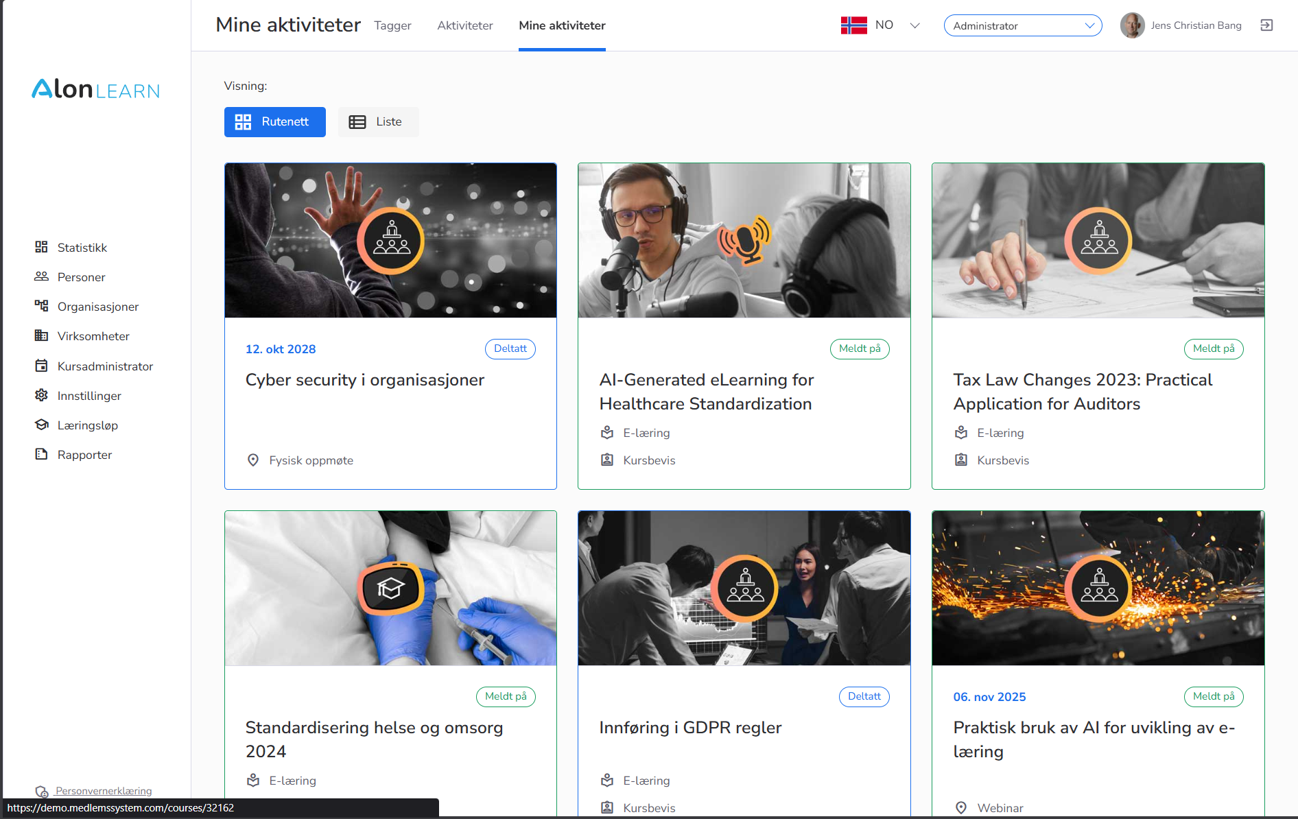 Min side i AlonLearn med webinarer som deltakeren har vært påmeldt — både live og opptak