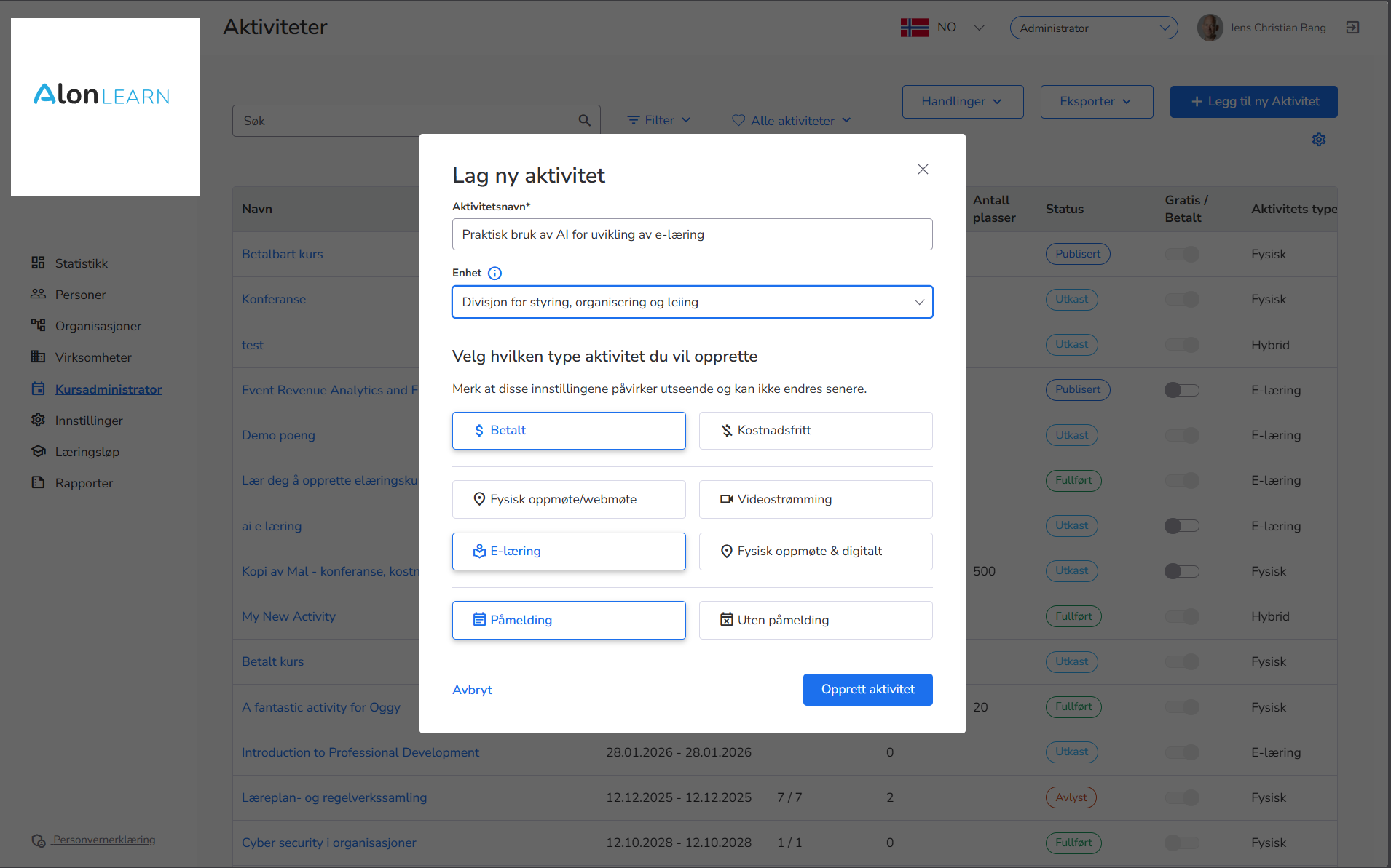 Dialog for å opprette ny aktivitet i AlonLearn med Videokonferanse/webinar som valgt type
