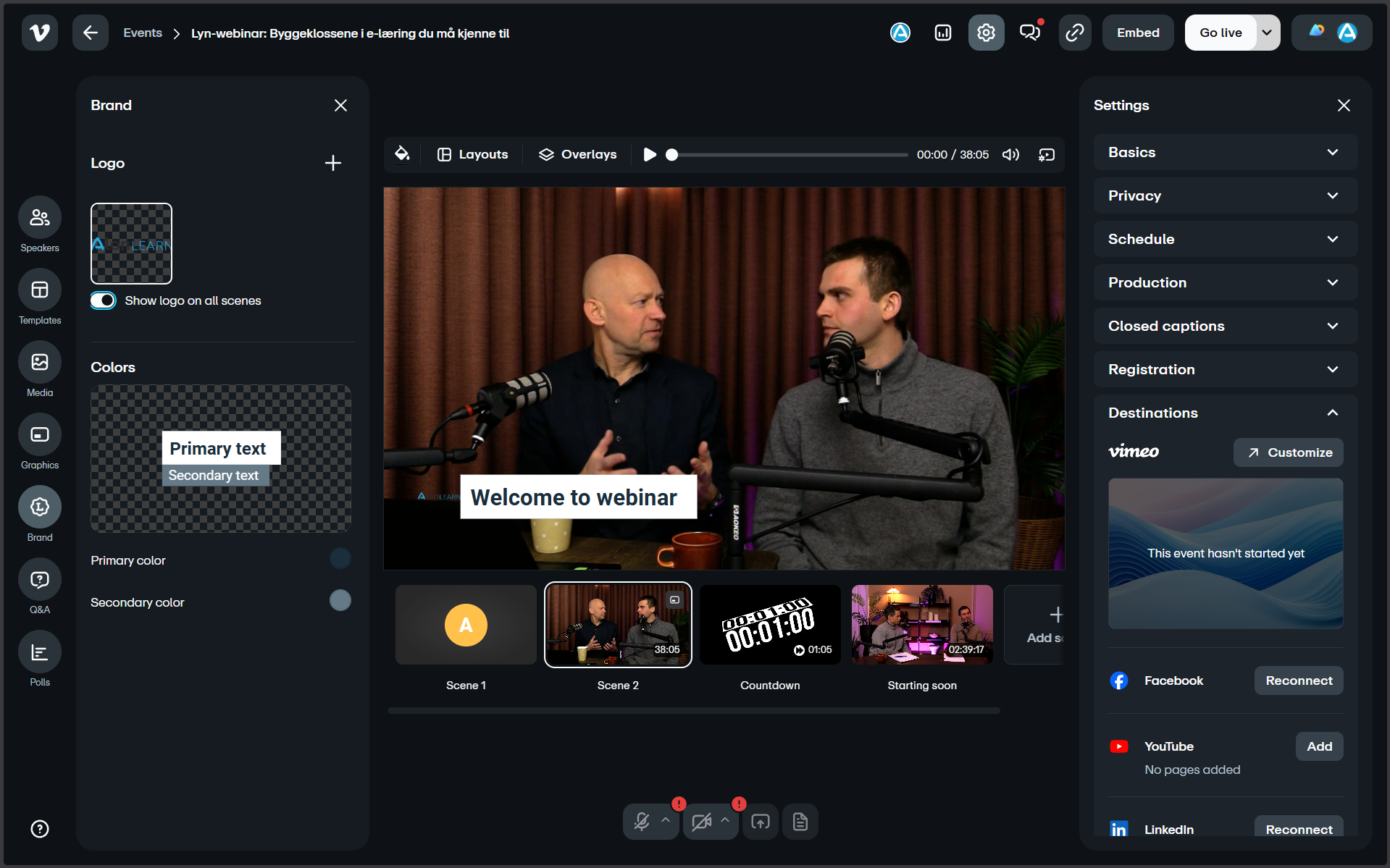 AlonLearn webinar med integrert Vimeo Live-studio — strømming, chat og deltakerinteraksjon i samme grensesnitt